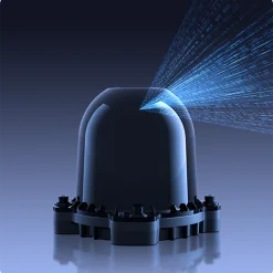 Czarny czujnik laserowy emitujący niebieską wiązkę punktów na ciemnym tle