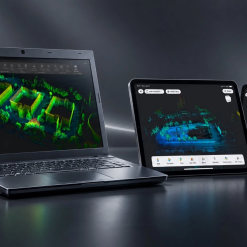 Laptop i dwa tablety prezentują chmury punktów w oprogramowaniu FJD Trion Model.